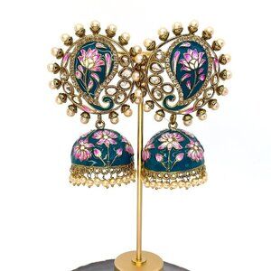 🆕 Bollywood Indo Western Peacock Blue Jhumka Earrings